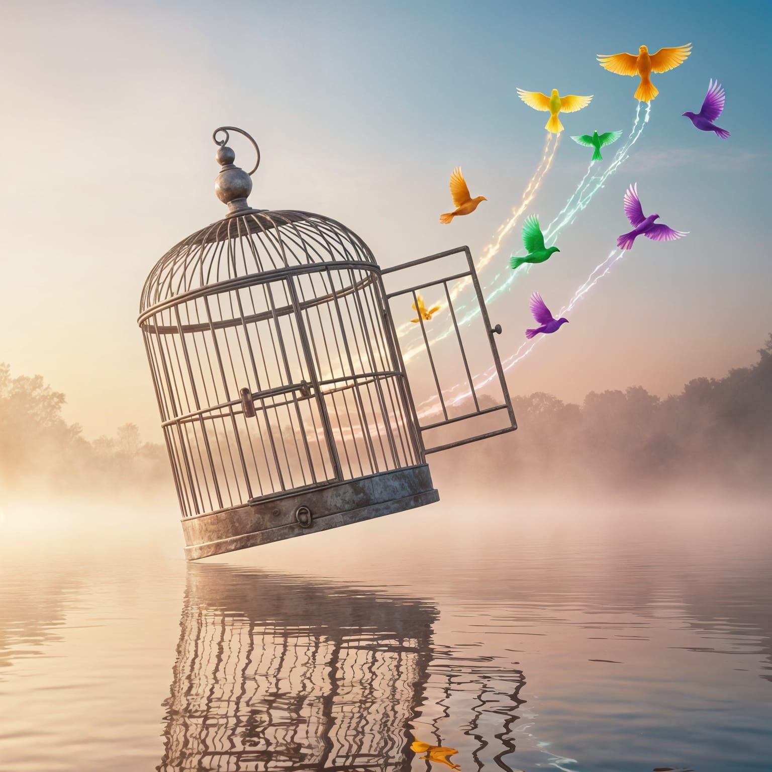 Surreal Birdcage Floats Over Lake, Birds Ascend