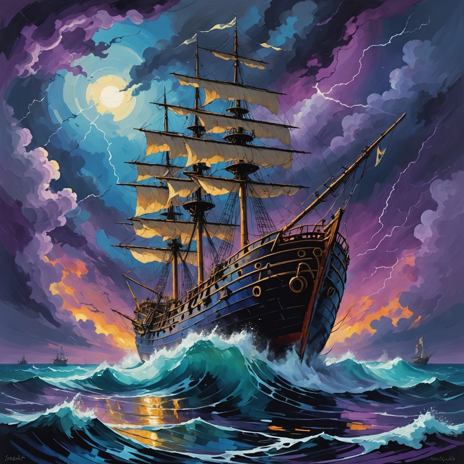 Surreal Ghost Ship in Expressionist Oil Painting