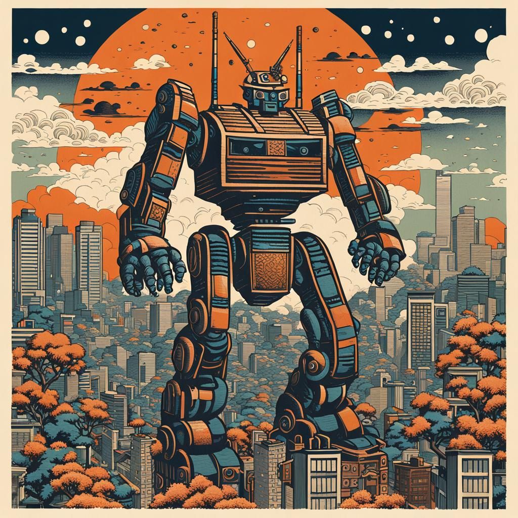 Giant Robot Destroys Tokyo in Ukiyo-e Style