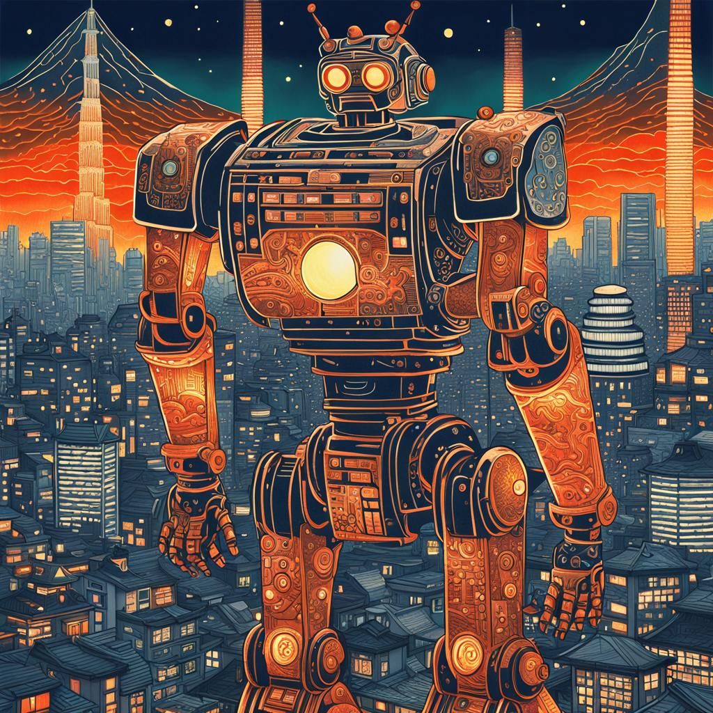 Giant Robot Towers Over Tokyo: Ukiyo-e Illustration