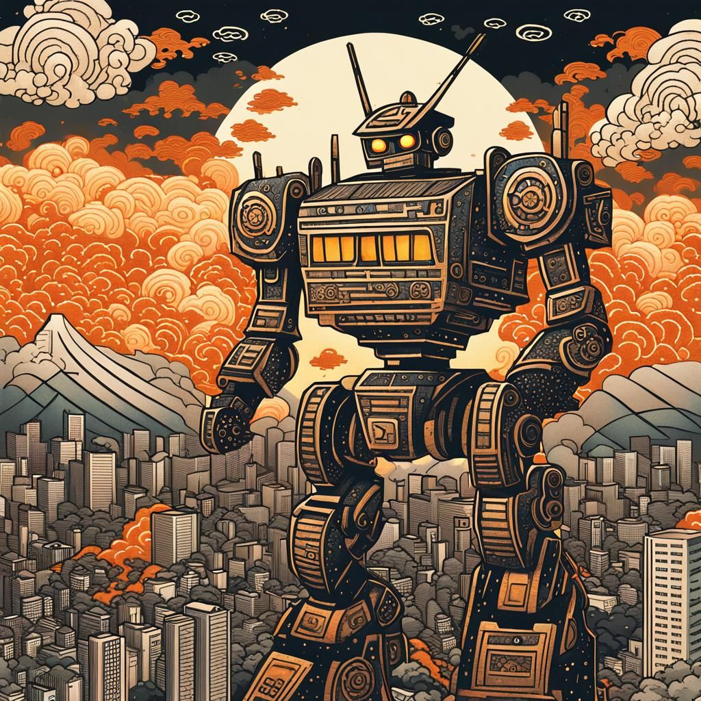 Giant Robot in Tokyo: Ukiyo-e Digital Illustration