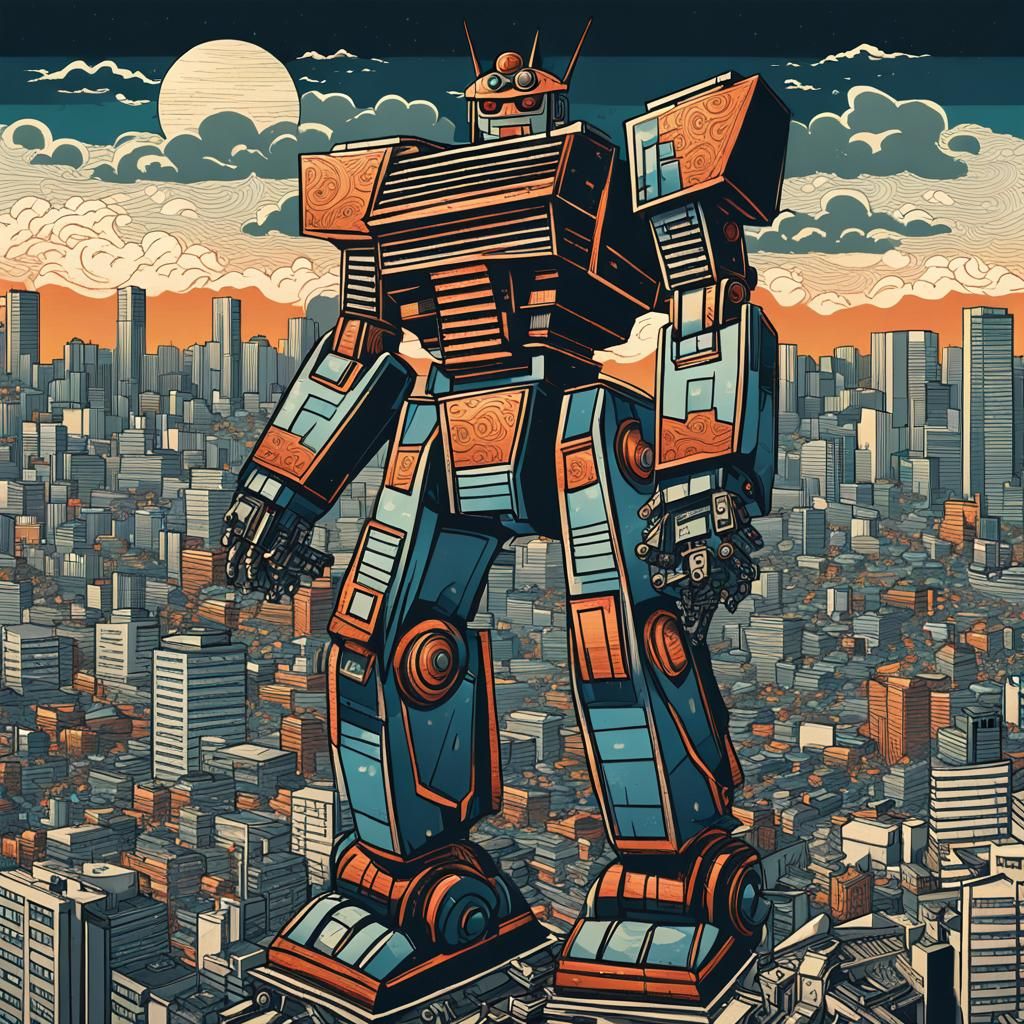 Giant Robot Over Tokyo: Ukiyo-e Digital Illustration