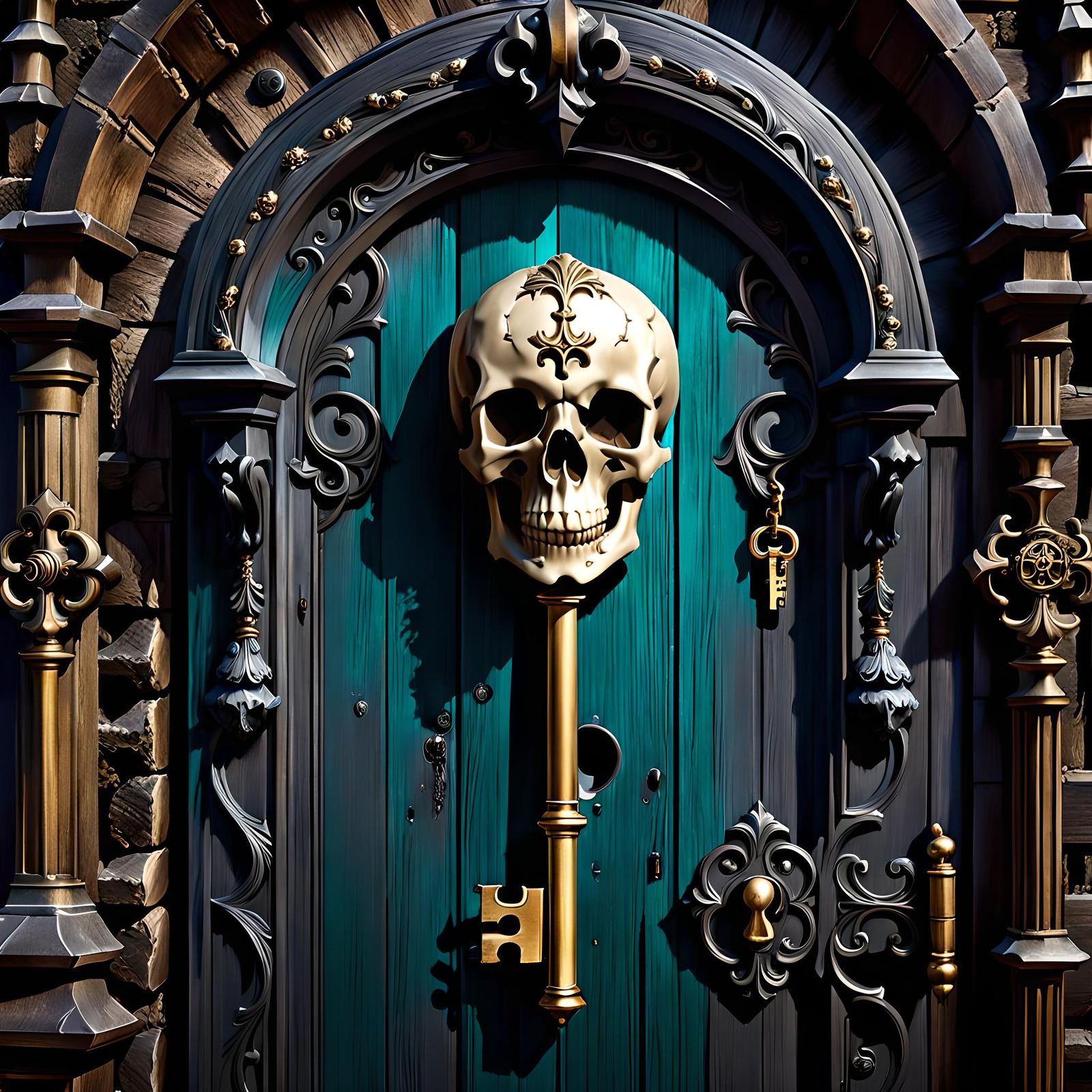 Skull Key Opens Antique Castle Door: Fantasy Art