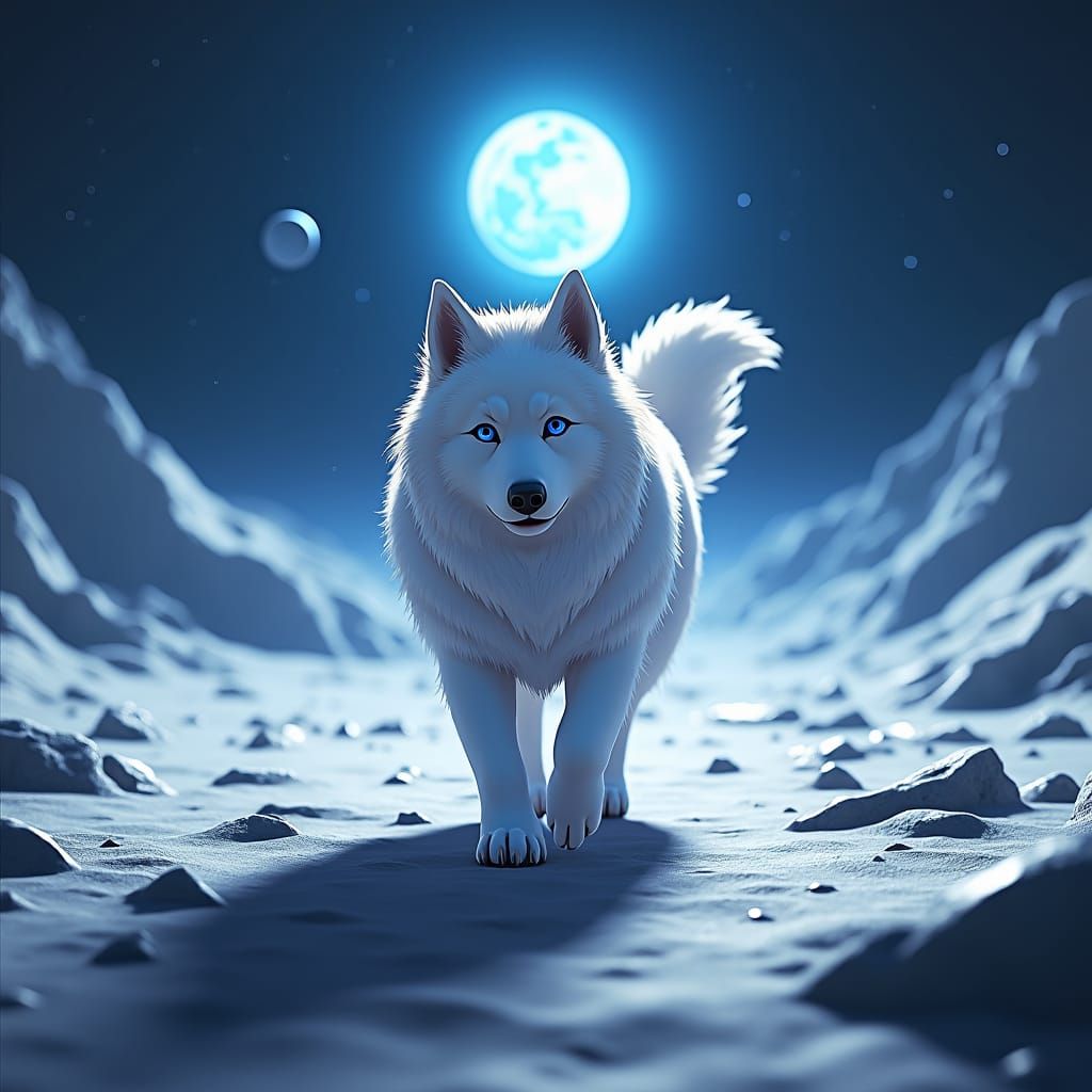 Dog with Sapphire Eyes on Lunar Surface