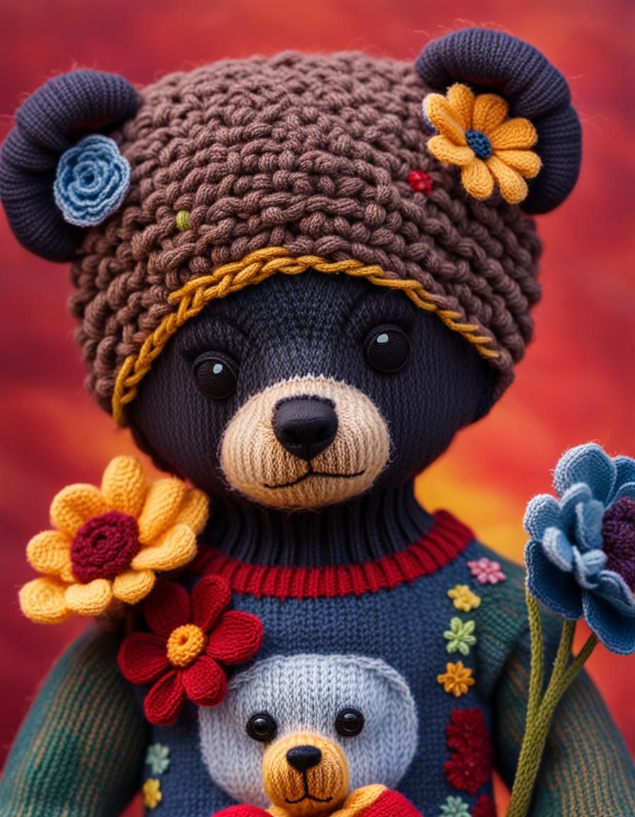 Sad Knitted Teddy Bear Portrait at Sunset