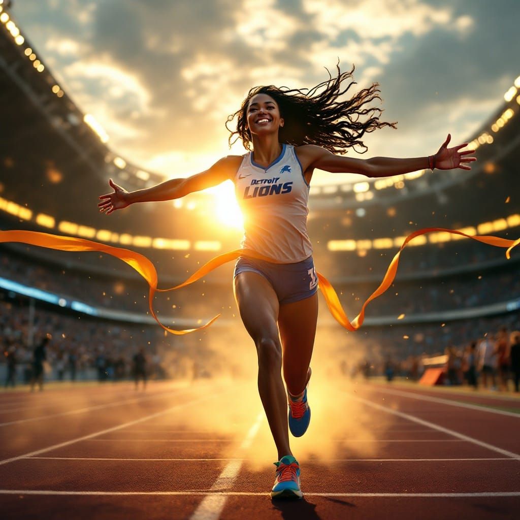 Victorious Dark-Haired Woman Conquers the Finish Line
