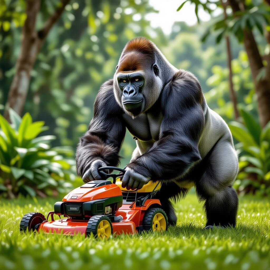 Gorilla Mowing Lawn in Jungle Clearing