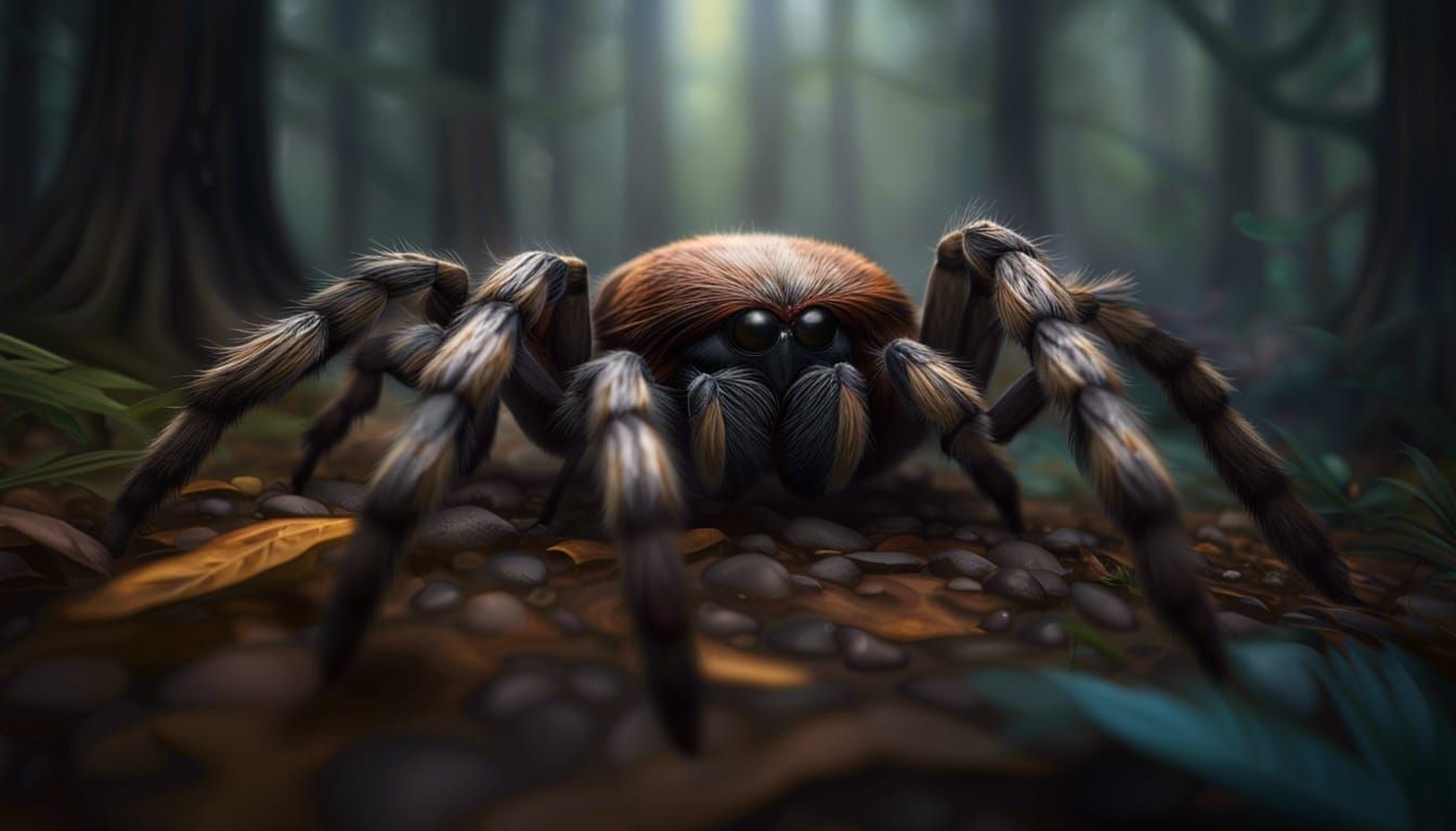 Tarantula Crawls on Feather in Misty Woods