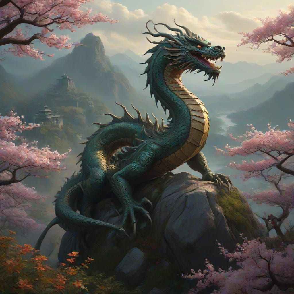 Ethereal Chinese Dragon Soars Above Misty Mountains in Vibra...