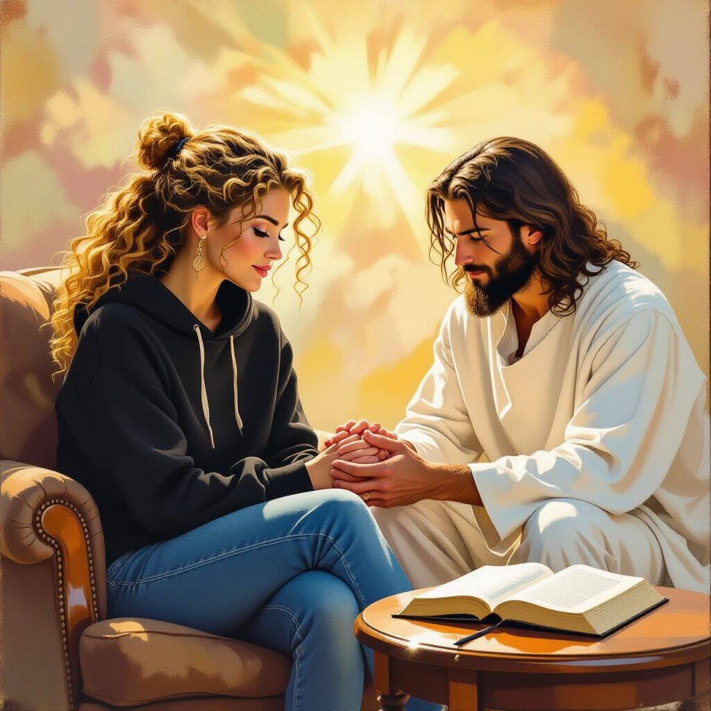 Woman Receives Comfort in Heavenly Light: Oil Painting Style