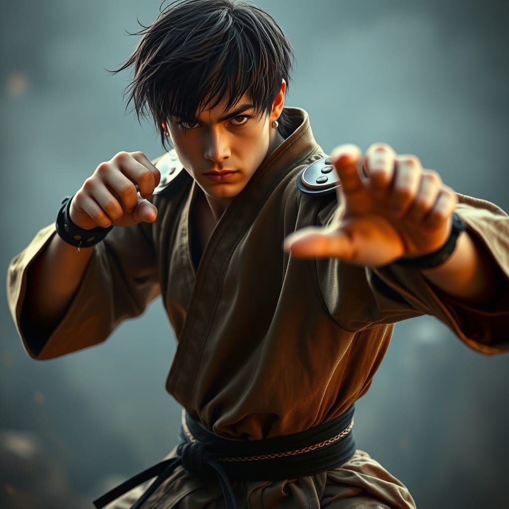 Dramatic Karate Fighter in Brown and Black Armor