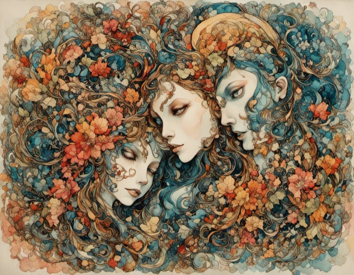 Romantic Lesbian Lovers in Surreal Watercolor Style