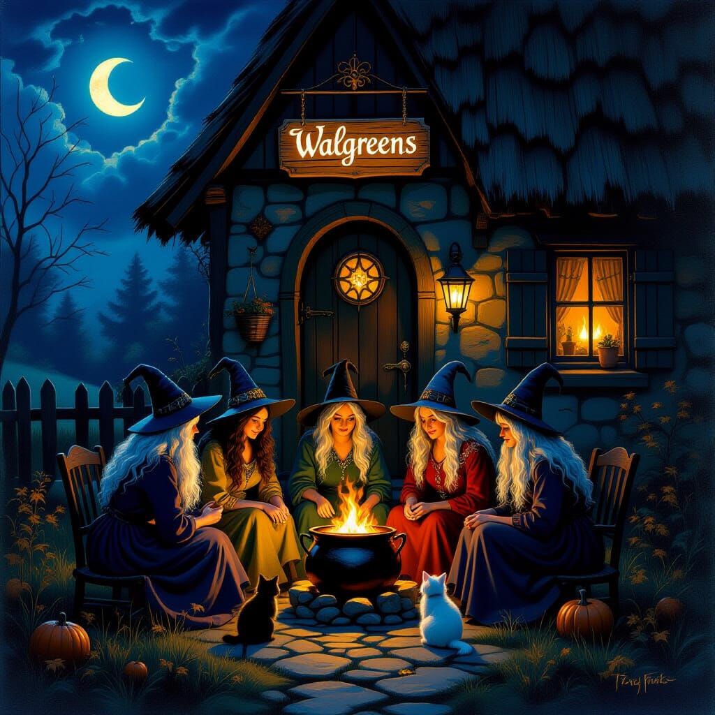 Witches Gathering at Cozy Cottage Under Moonlight