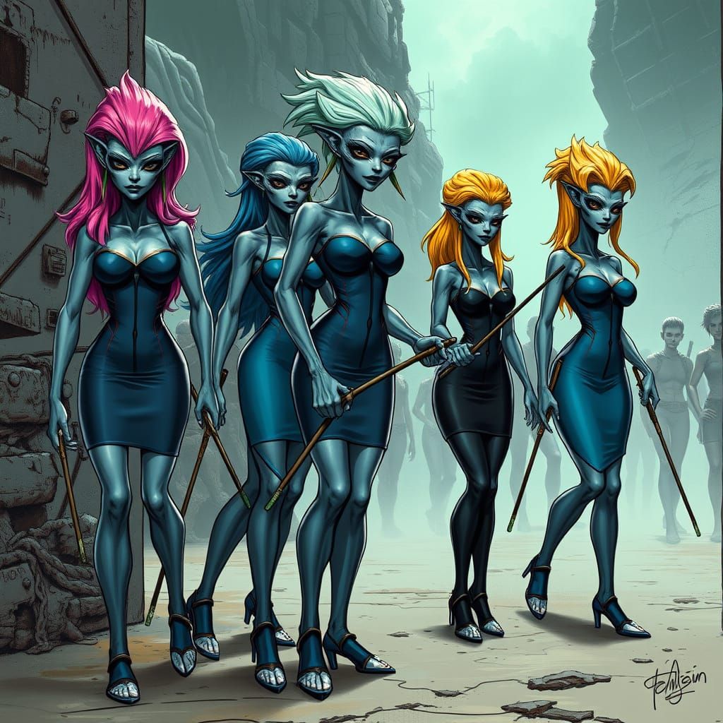 Confident Hominid Alien Females Lead Civilians Through Almot...