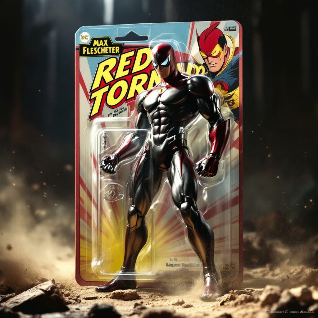 Max Fleischer’s version of The Justice Society’s Red Tornado as an Action Figure in a blister pack.