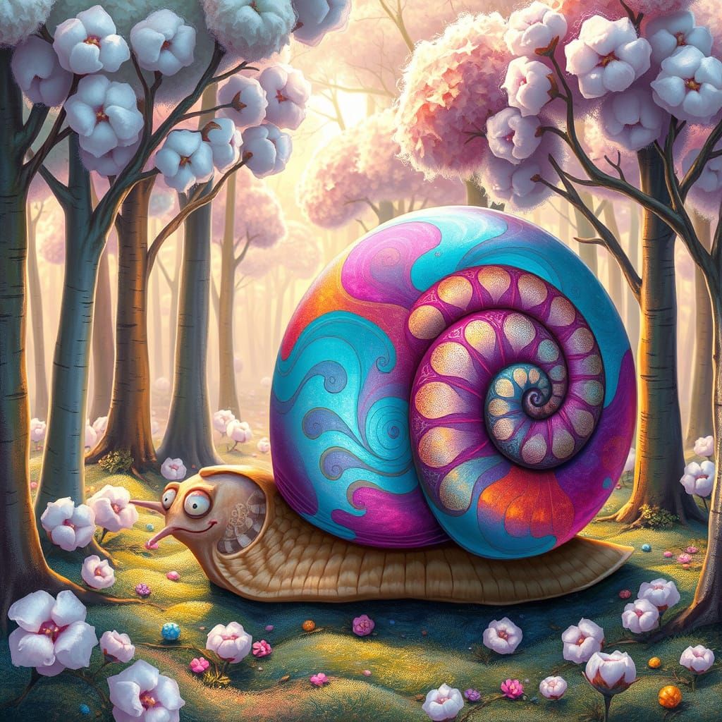 Vibrant Snail in Whimsical Forest Scene