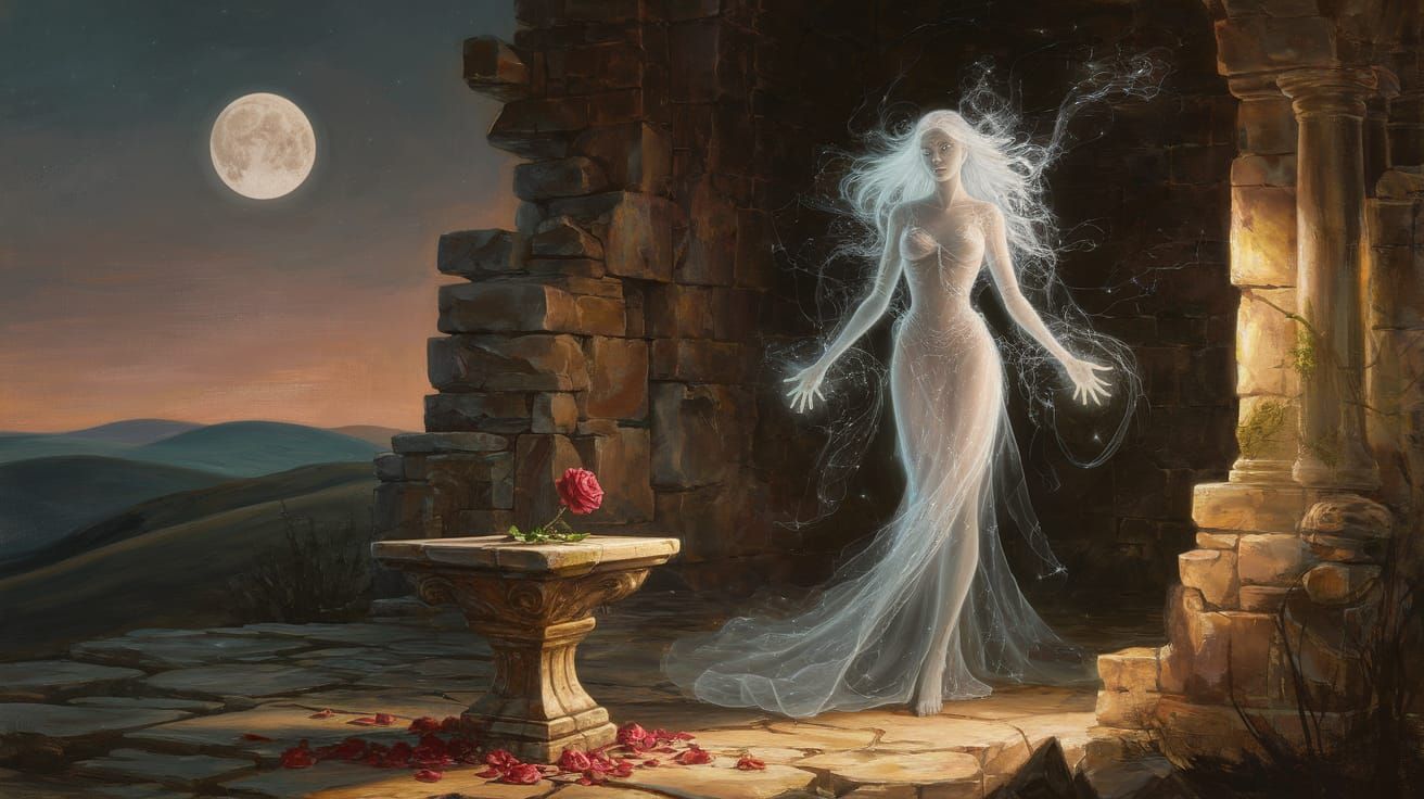 Spectral Sorceress in Moonlit Ruin Oil Painting