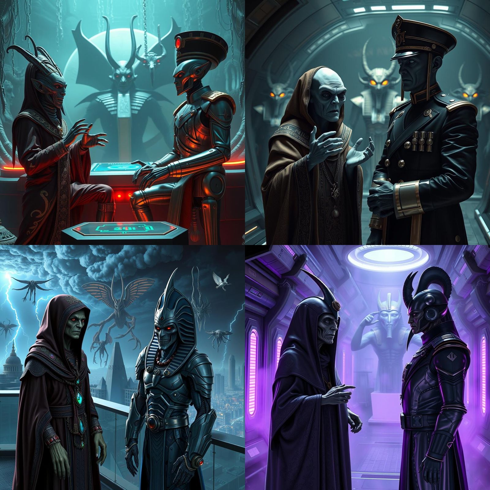 Frightened Alien Priest and Admiral with Egyptian Gods