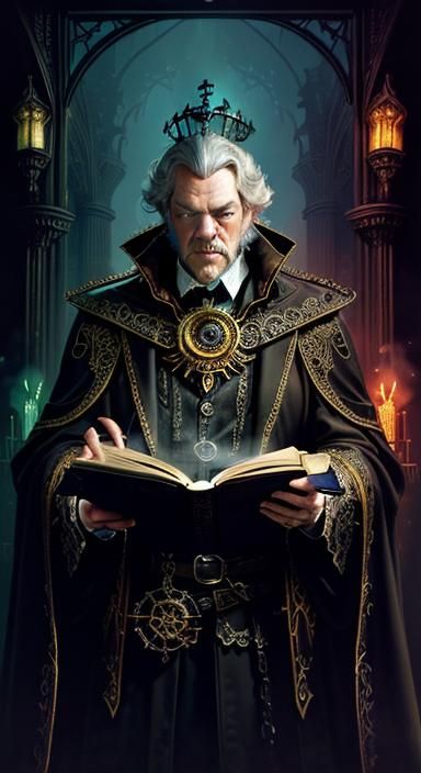 Alchemist and Cat in Baroque Art Nouveau Style