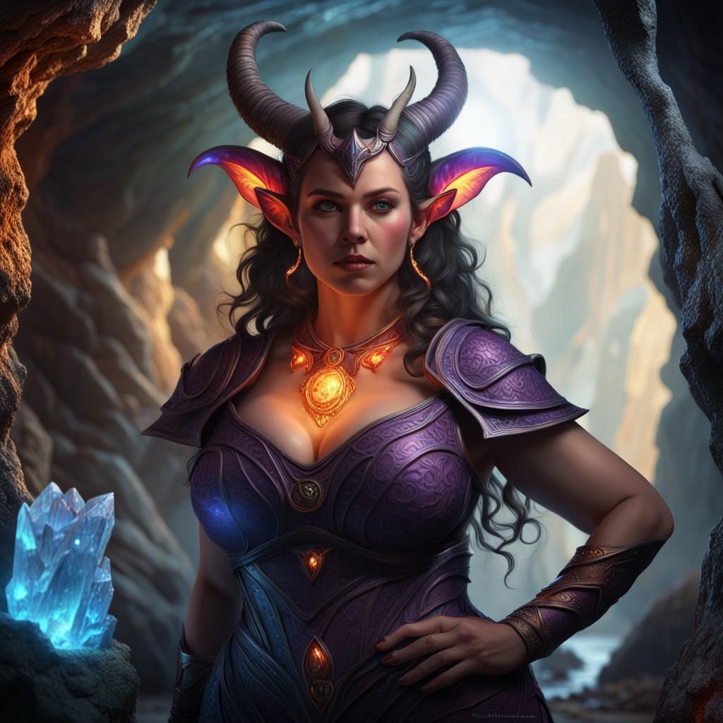 Tiefling Sorceress in Crystalline Cave, Digital Art