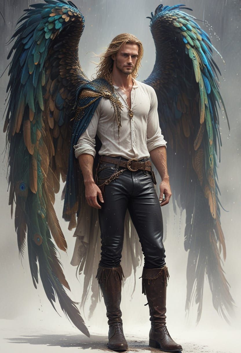 Striking Nephilim in Rain with Peacock Wings