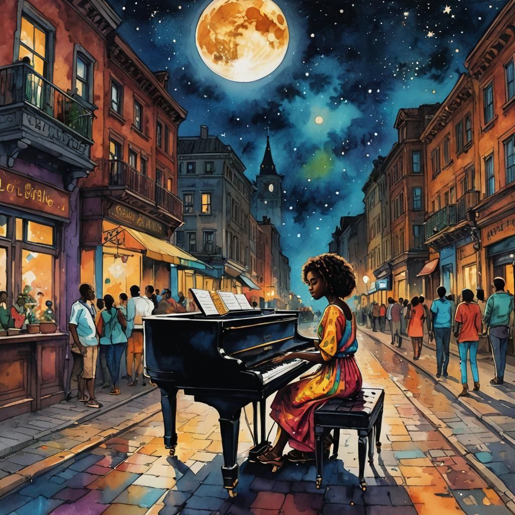 Colorful Piano Performance Under Starry Night