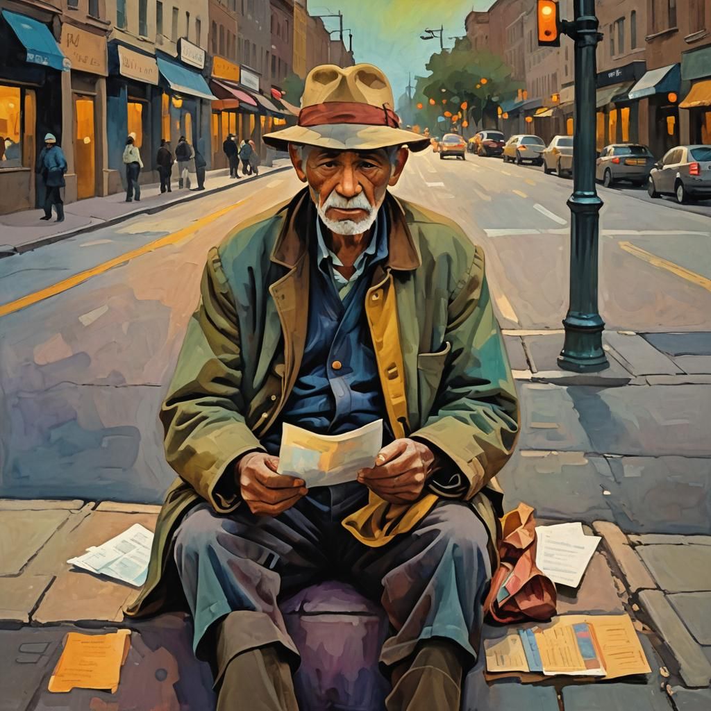 Fauvist Street Scene: Elderly Beggar Asks for Likes