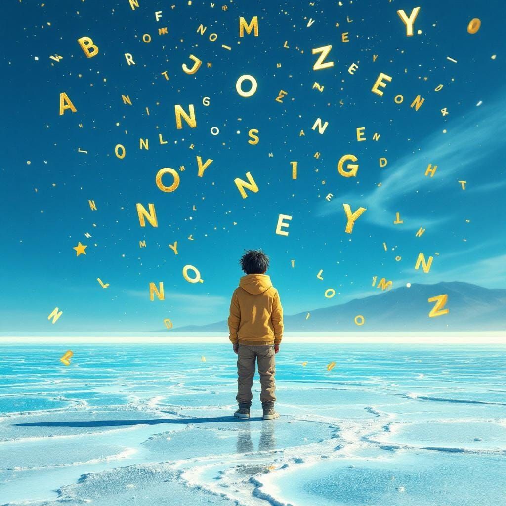 Boy in Salar de Uyuni with Falling Golden Words