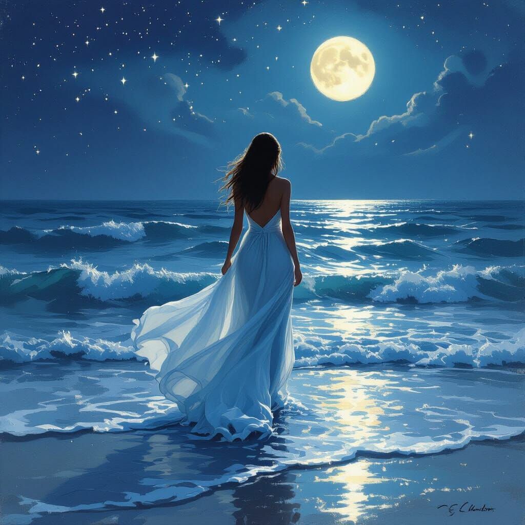 Ethereal Woman Walking into Ocean Under Moonlight