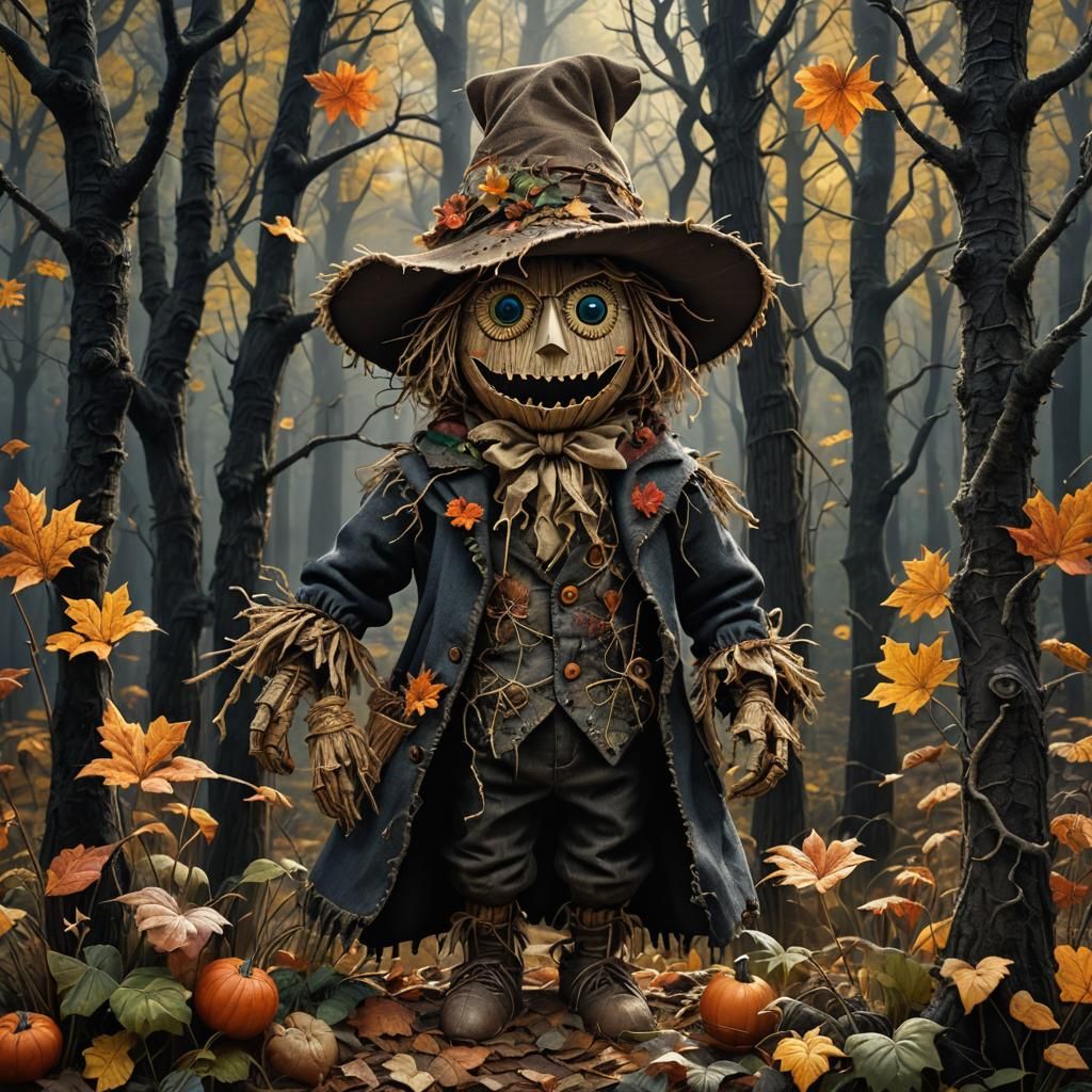 Adorable Scarecrow in Dark Forest: Fantasy Realism