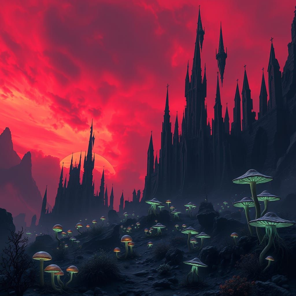 Crimson Twilight Hellscapes in Gothic Surrealism