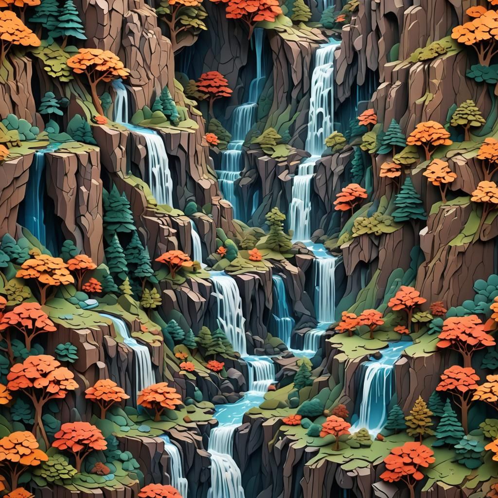 Kirigami Waterfalls: A Detailed Matte Paper Landscape