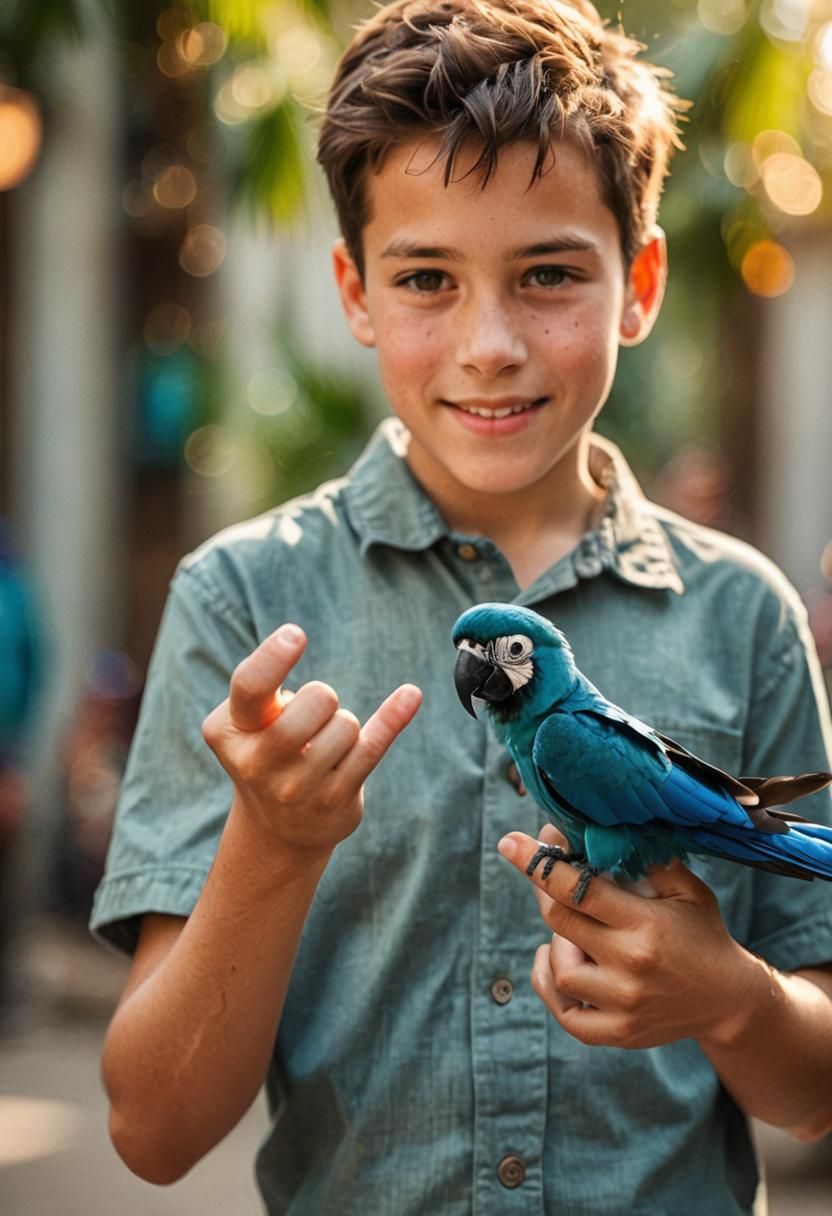 Boy with Tiny Spix's Macaw: Digital Photography