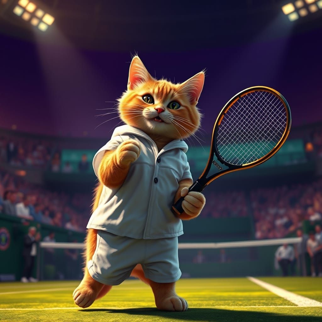 Triumphant Orange Cat Wins Wimbledon in Fantasy Art