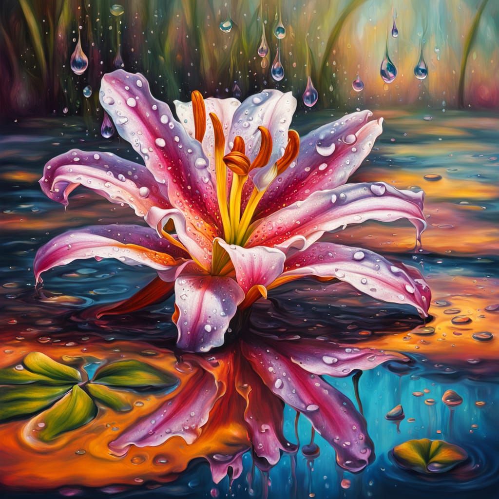 Surreal Stargazer Lily Melts Into Vivid Puddle Oil Painting