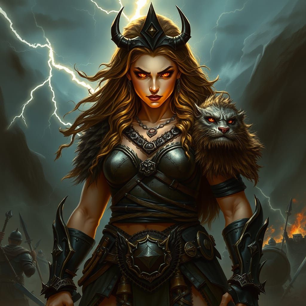 Barbarian Goddess on Stormy Battlefield