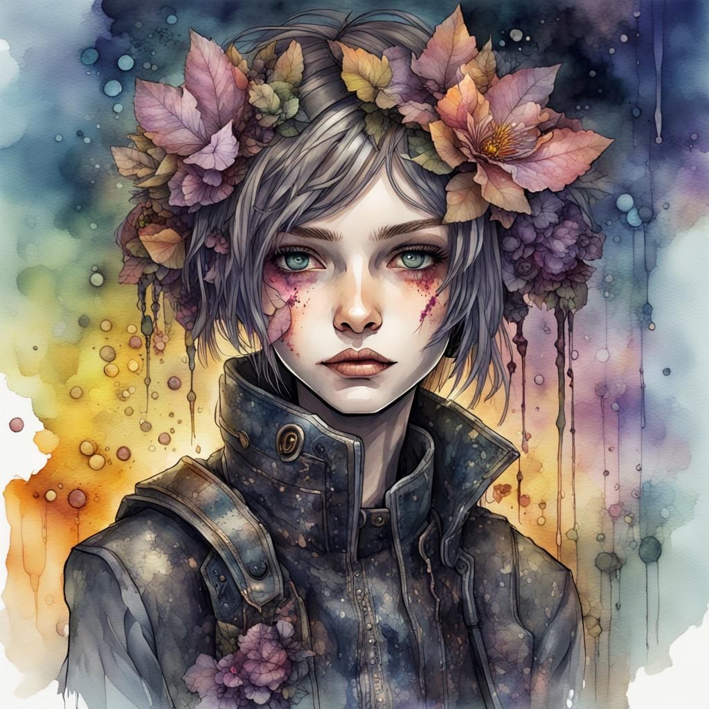 Watercolor, Splash art, alcohol ink, detailed portrait of cute cyberpunk <lora:Nita:0.3> creature, dark fantasy, apocaly...