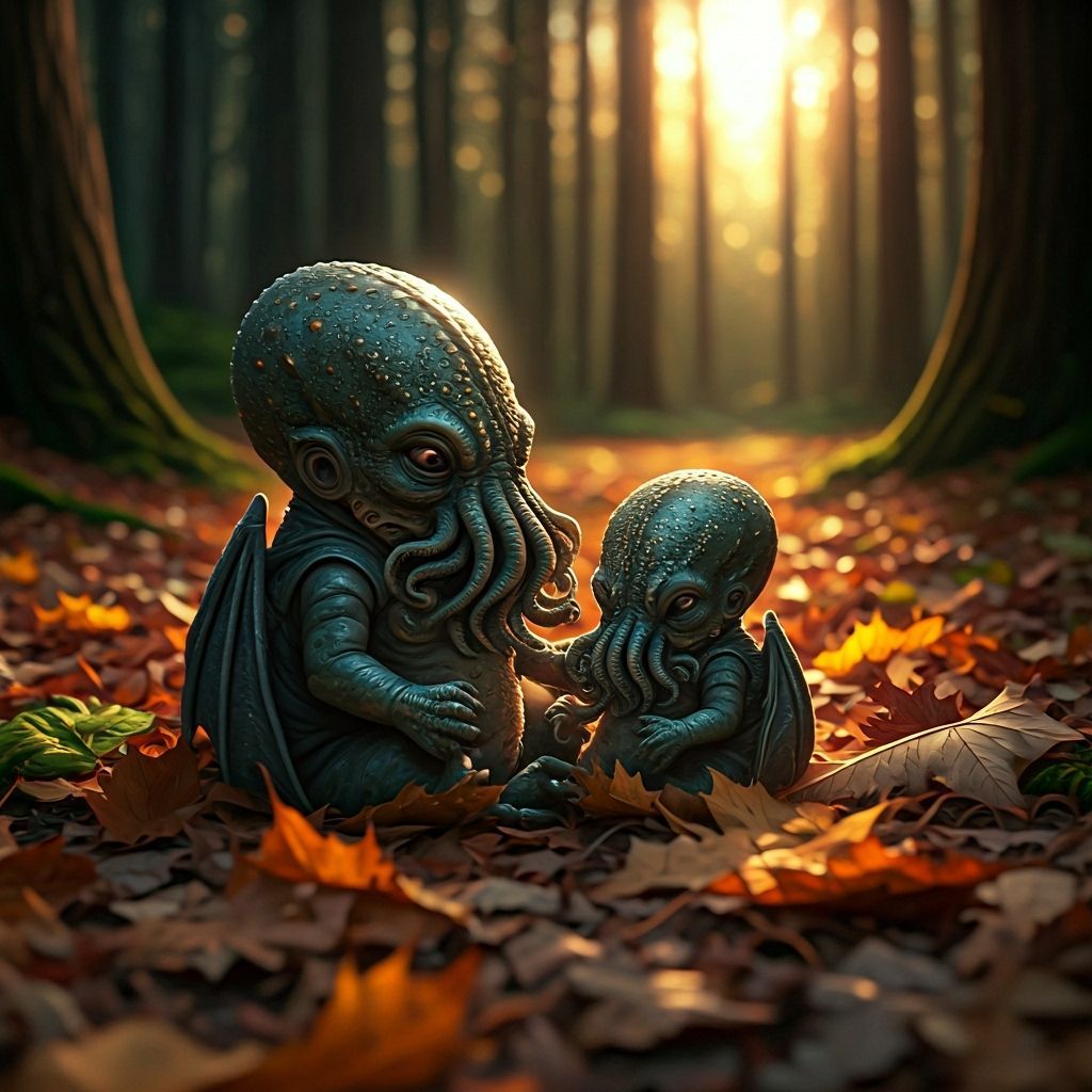 Adorable Baby Cthulhus Play in Autumn Forest