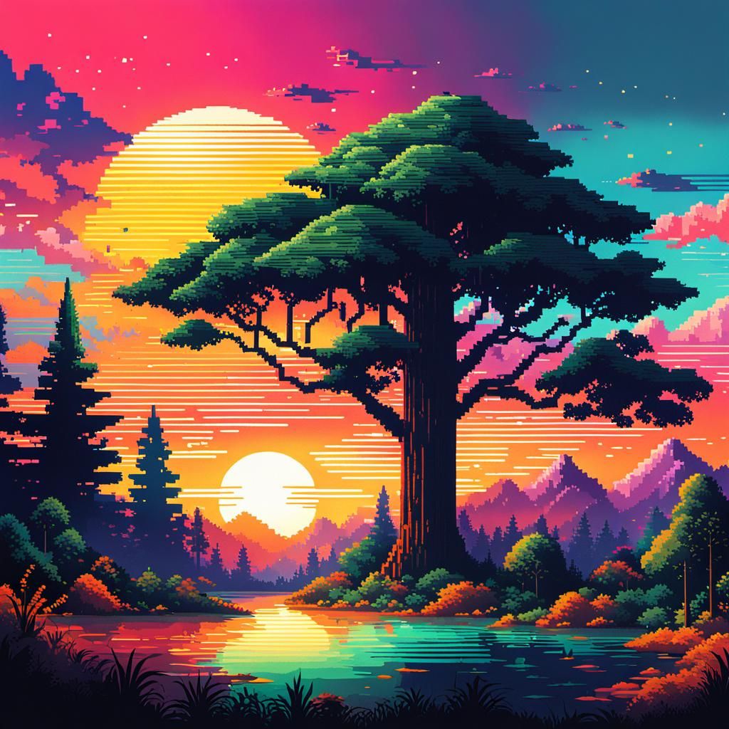 Pixelated Sunset: 1980s Video Game Landscape