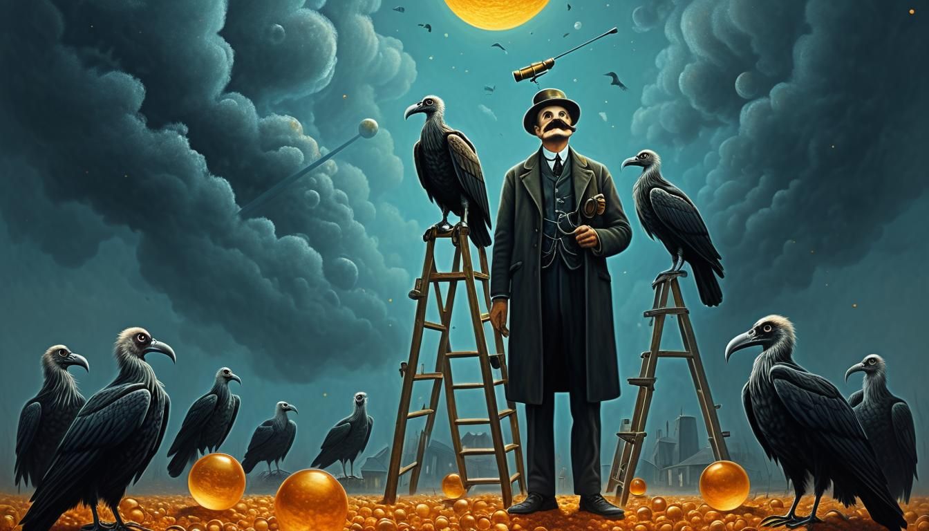 Surreal Astronomer with Vultures, Dreamlike Painting