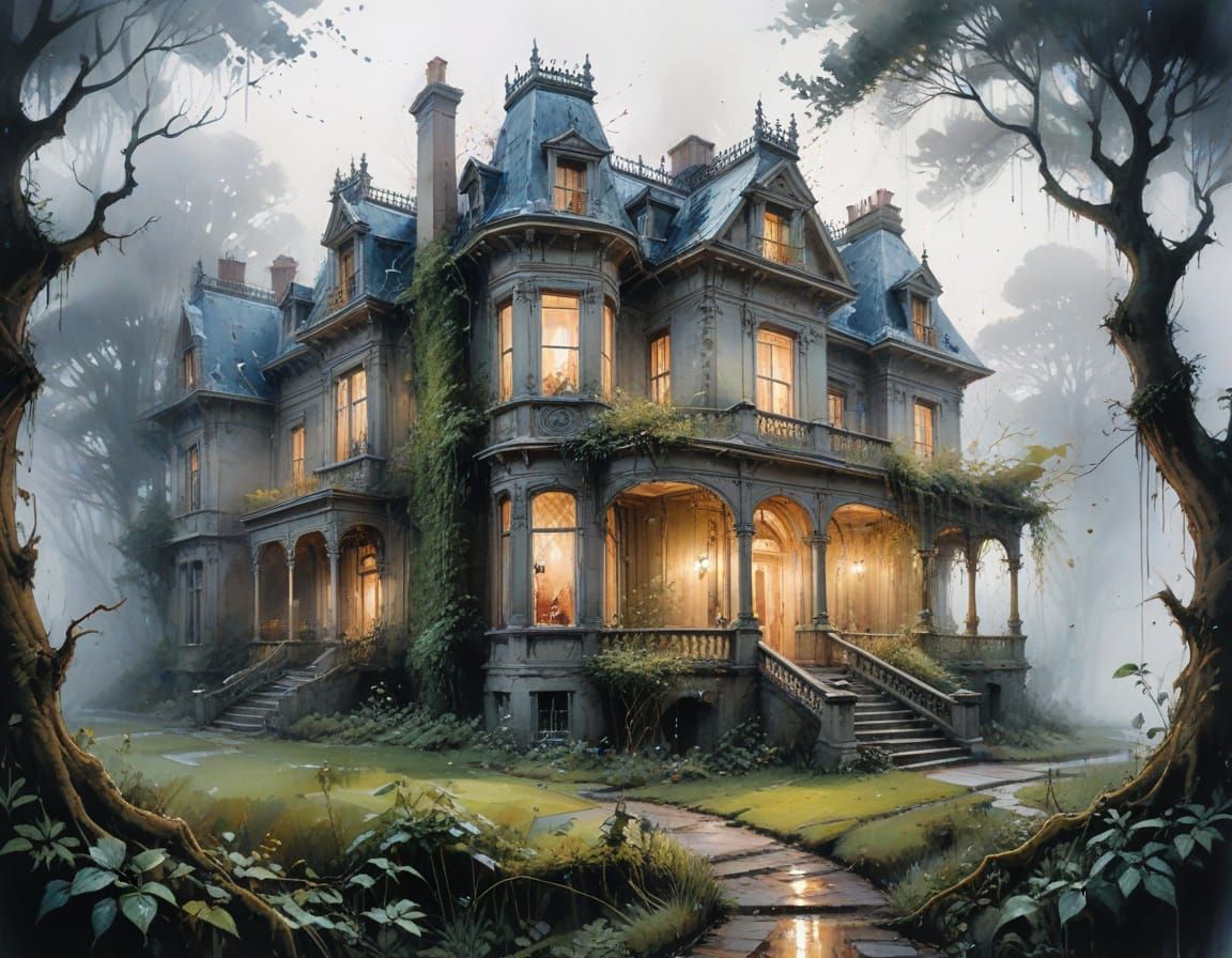 Victorian Mansion in Fog: Haenraets, Griffiths, and WLOP Sty...