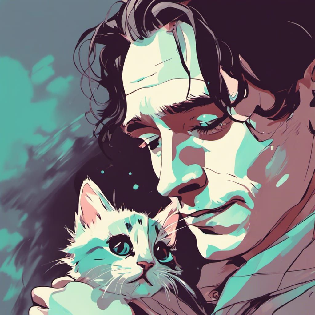 Loki Snuggles Kitten, Anime Style Digital Painting