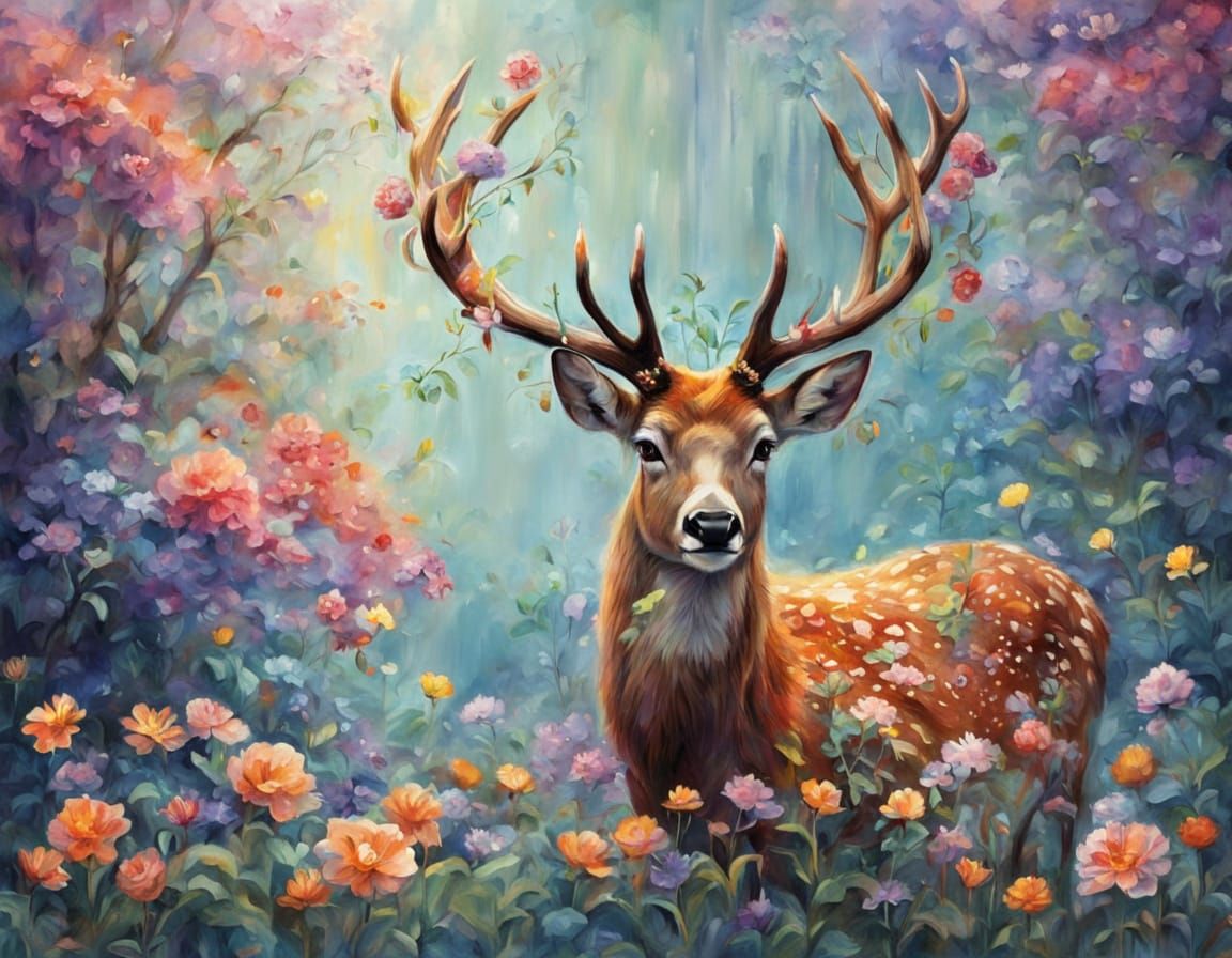 Floral Deer in Dreamlike Fauvist Style Meadow