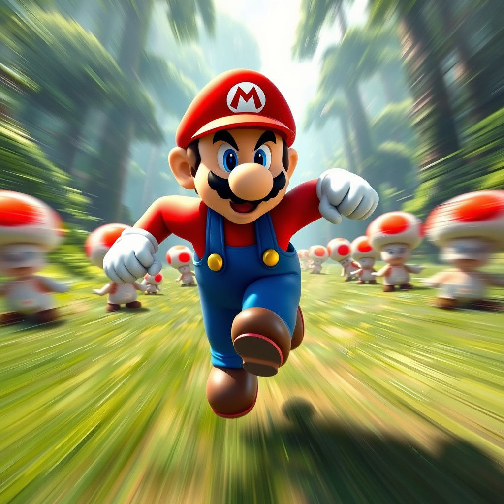 Mario's Intense Sprint: A 3D Rendered Scene