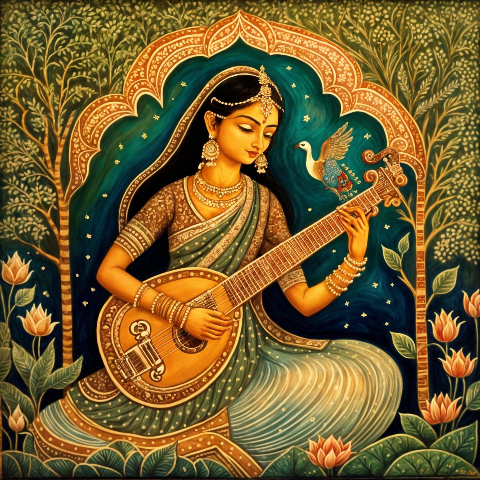 Goddess Saraswati Playing Veena in Heaven