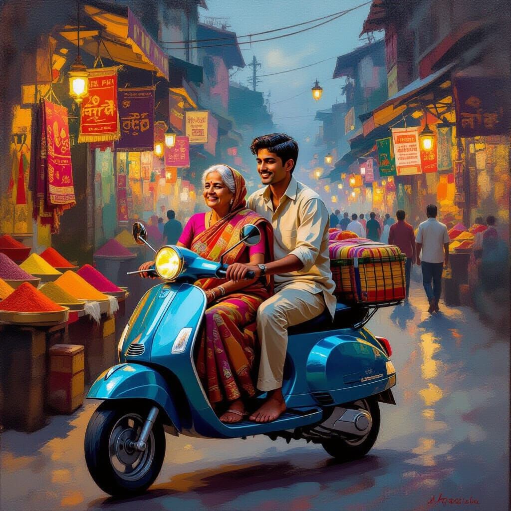 Generational Bond: Indian Woman and Man on Scooter in Market
