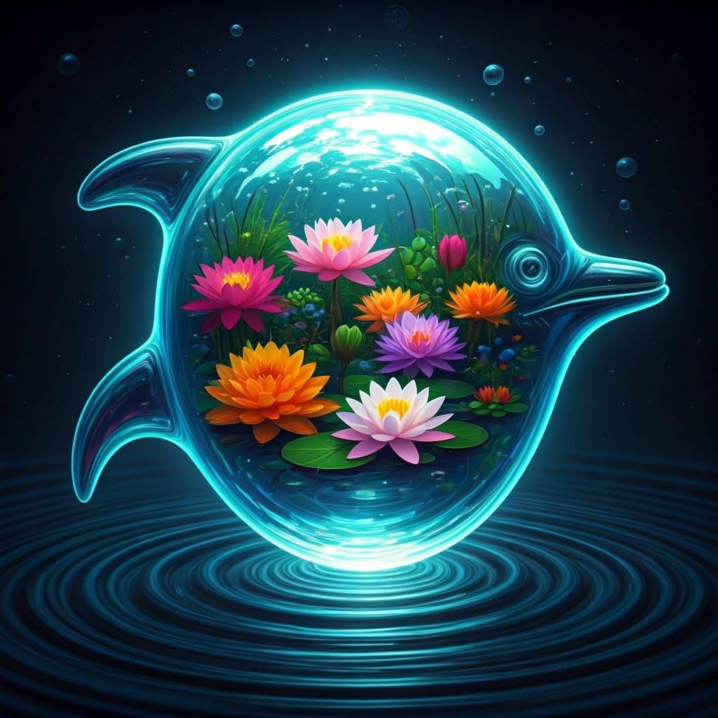 Dolphin Glass Dome with Aquatic Garden in Ethereal Glow
