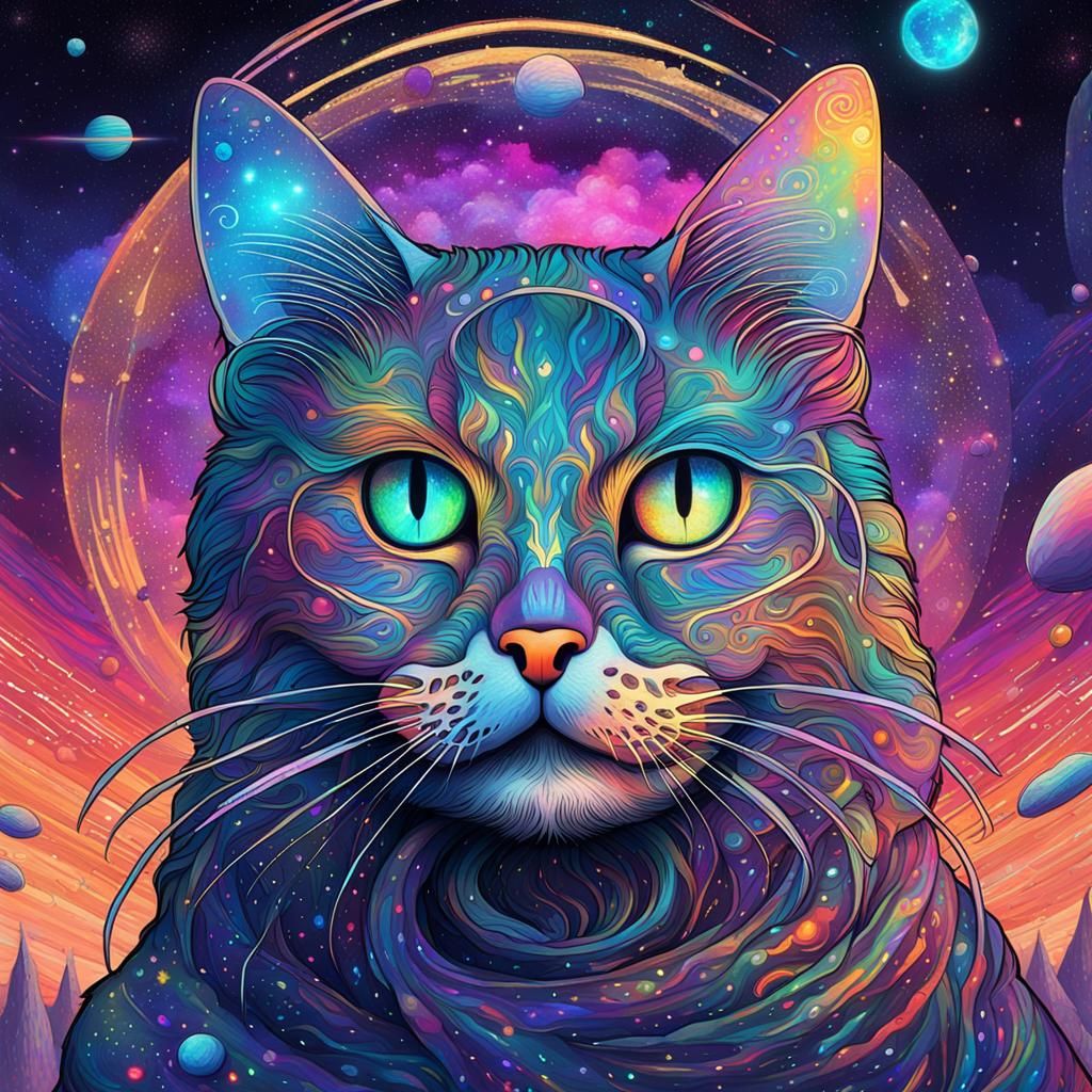 Holographic Cosmic Cat Illustration in Pablo Amaringo Style