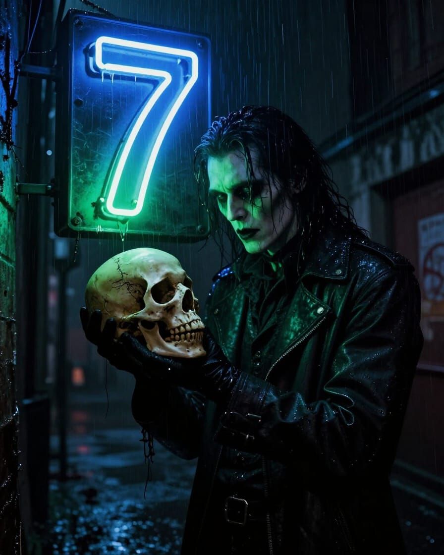 Gothic Man Holds Skull Under Flickering Neon Sign