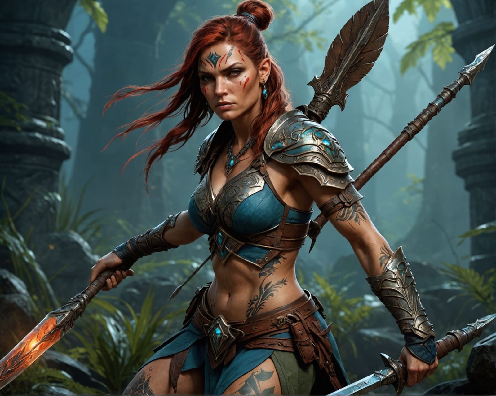 Tattooed Female Warrior with Spear in Dark Fantasy Art